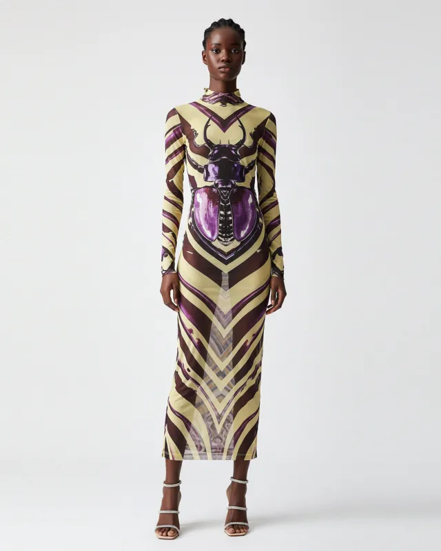 Sheer Maxi Mesh Dress with Beetle Print - Yellow/Purple sold by JW PEI