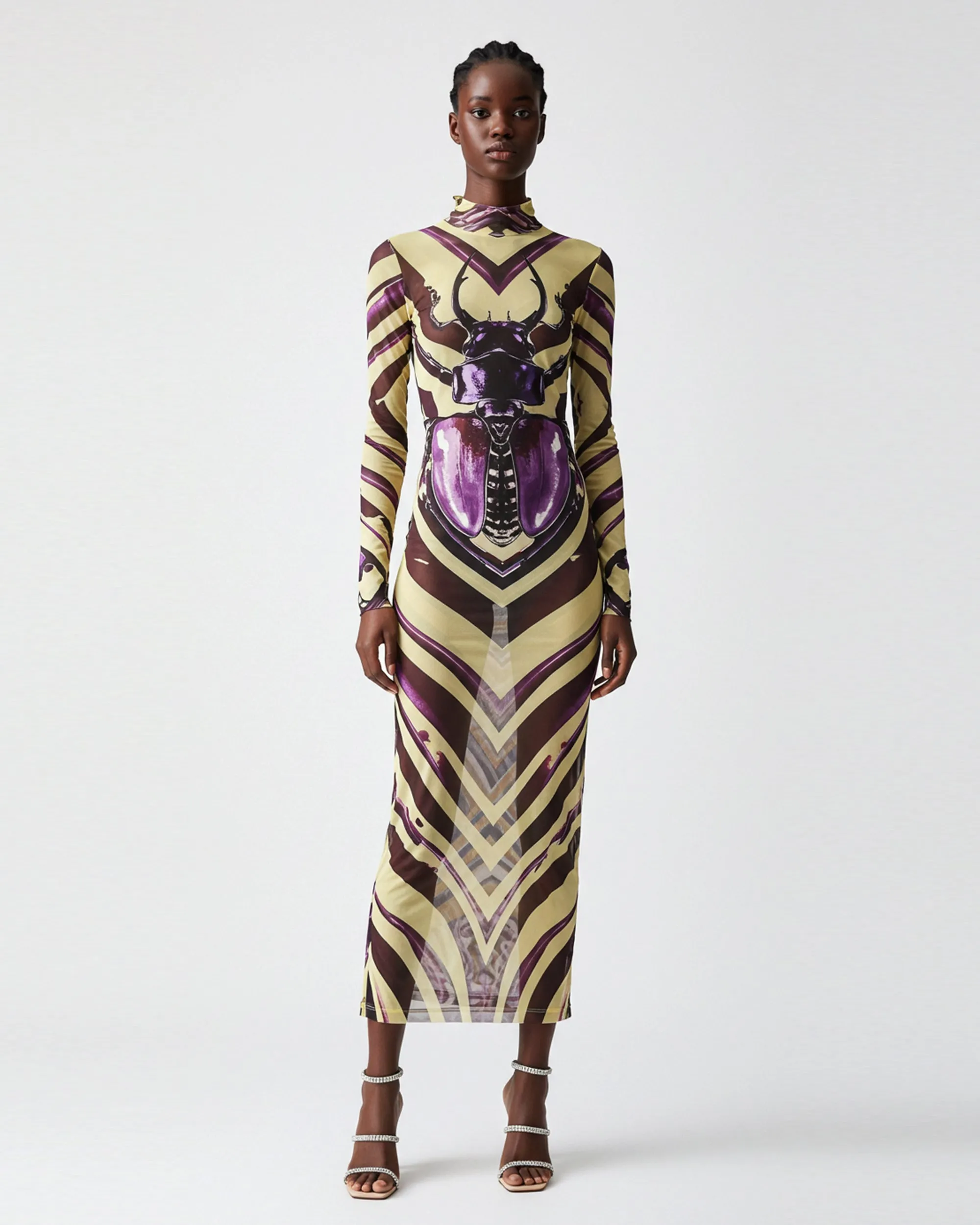 Sheer Maxi Mesh Dress with Beetle Print - Yellow/Purple sold by JW PEI