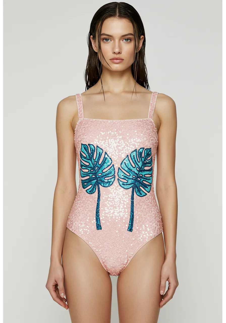 Sequin Monstera One-Piece Swimsuit - Pink/Blue sold by JW PEI