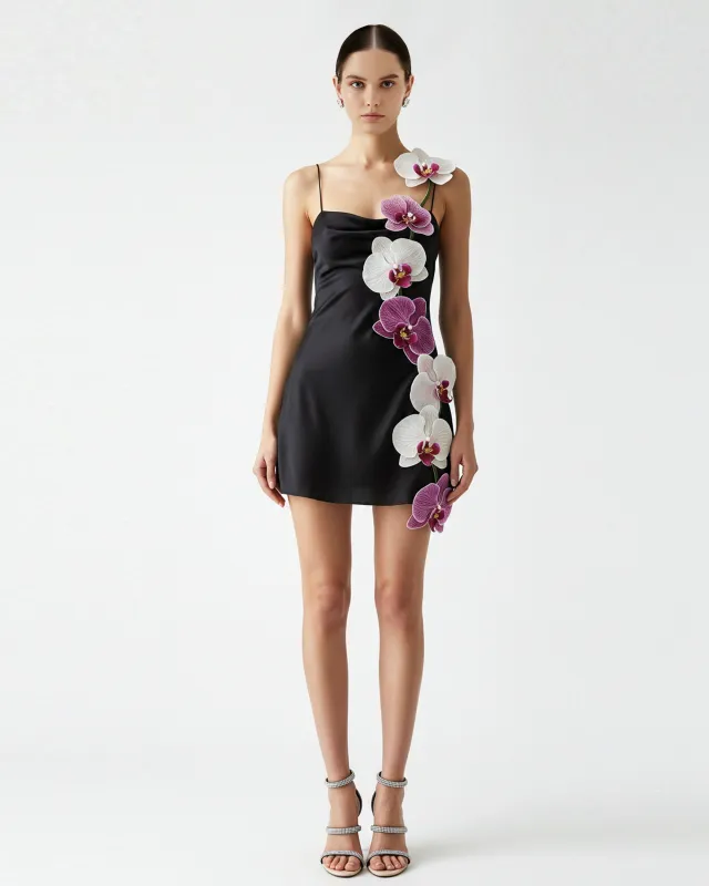 Orchid Appliqué Black Mini Dress - Black/Purple sold by JW PEI