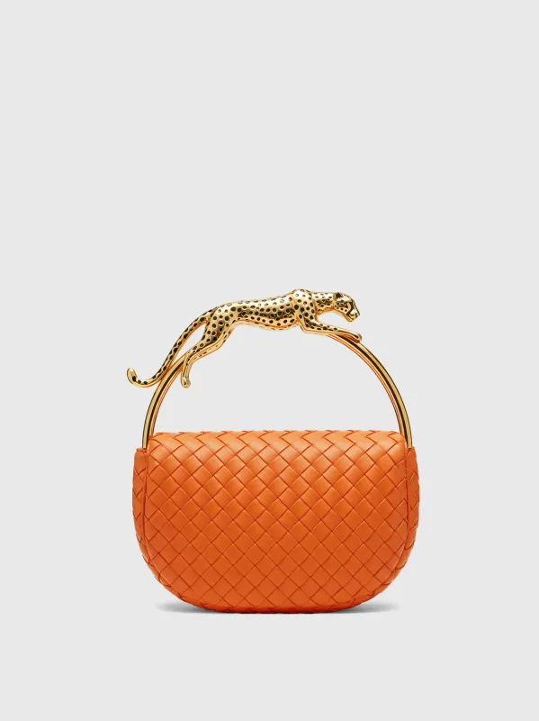 Sophia Woven Shoulder Bag with Leopard Handle - Orange sold by JW PEI