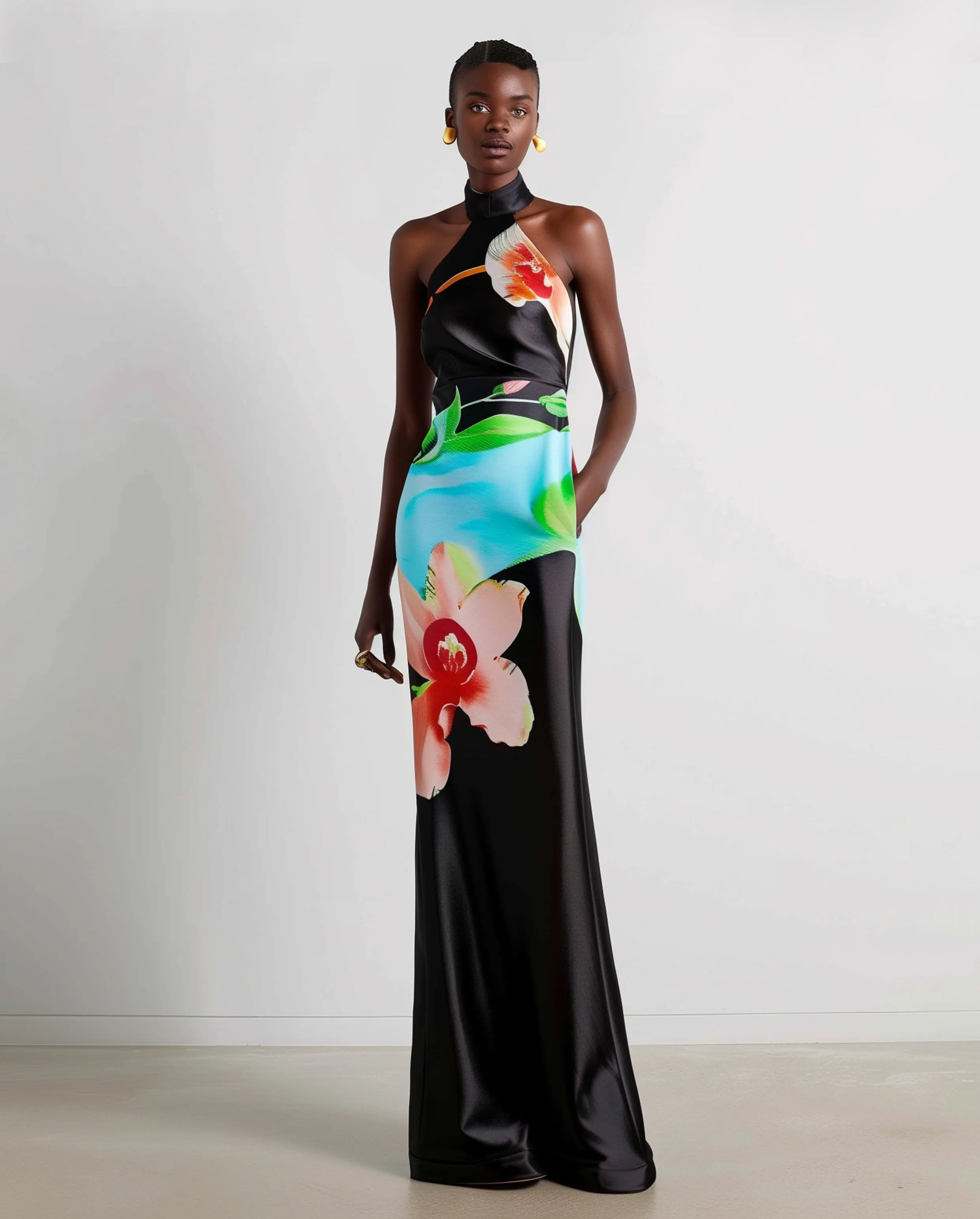 Floral Satin Halter Dress - Multicolor Black sold by JW PEI