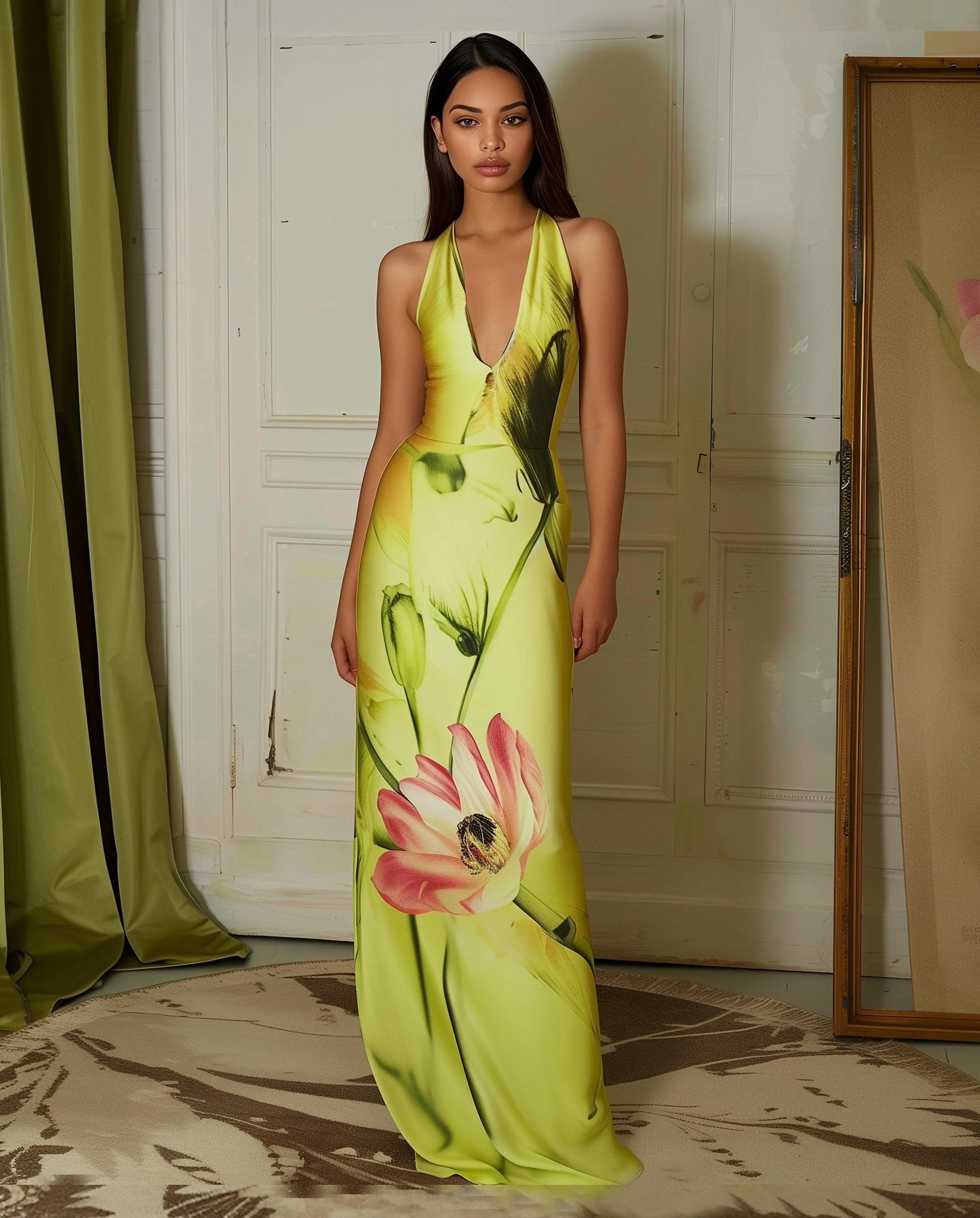 Floral Satin Halter Dress - Yellow/Pink sold by JW PEI