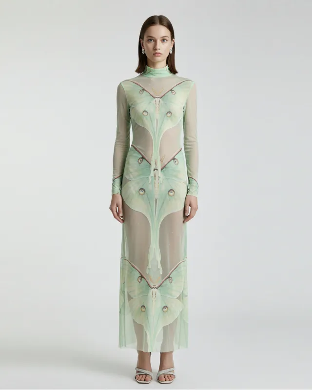 Moth Sheer Mesh Gown - Green/Beige sold by JW PEI
