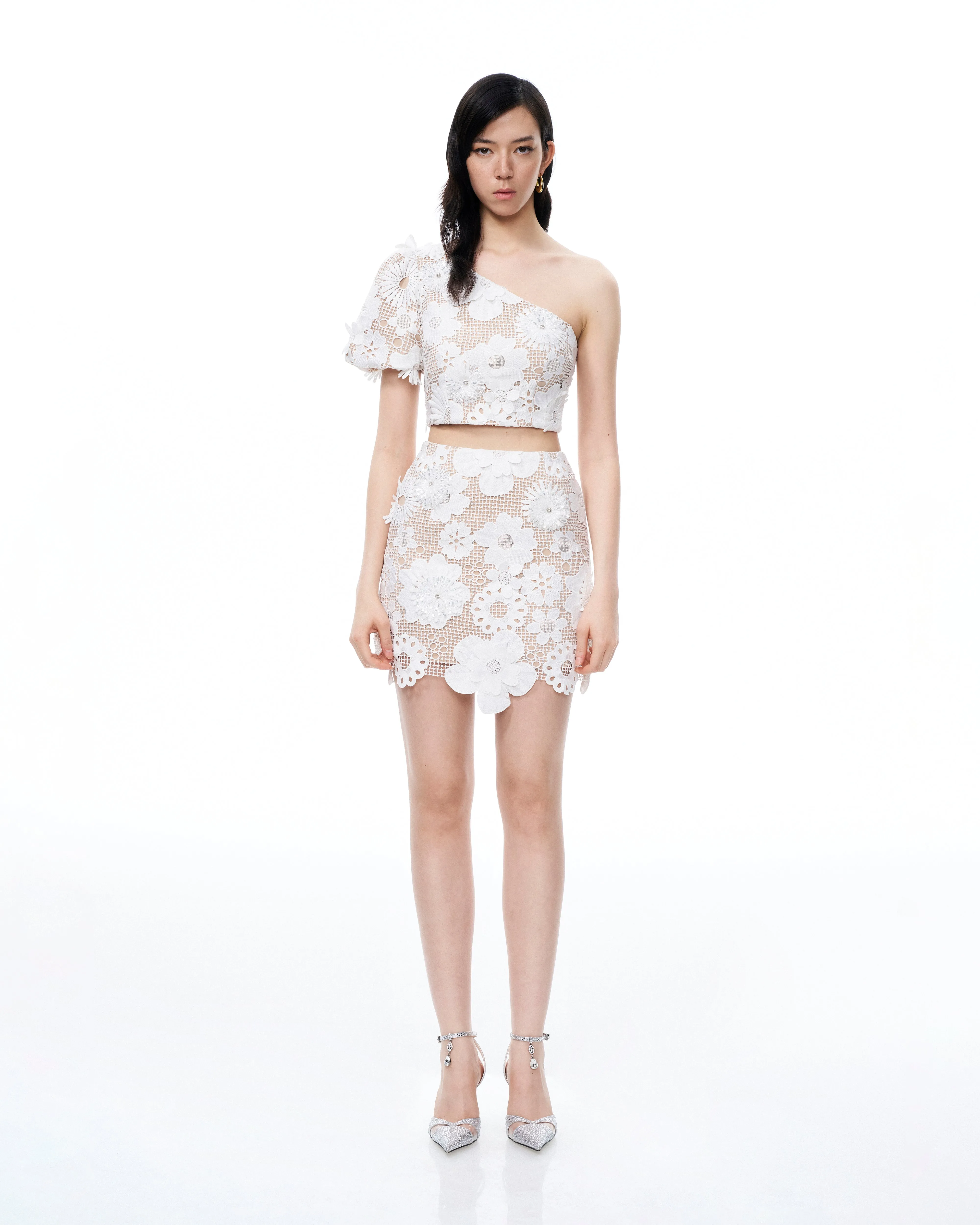 Ophelia One-shoulder Embroidered Iace Dress Suit - White sold by JW PEI