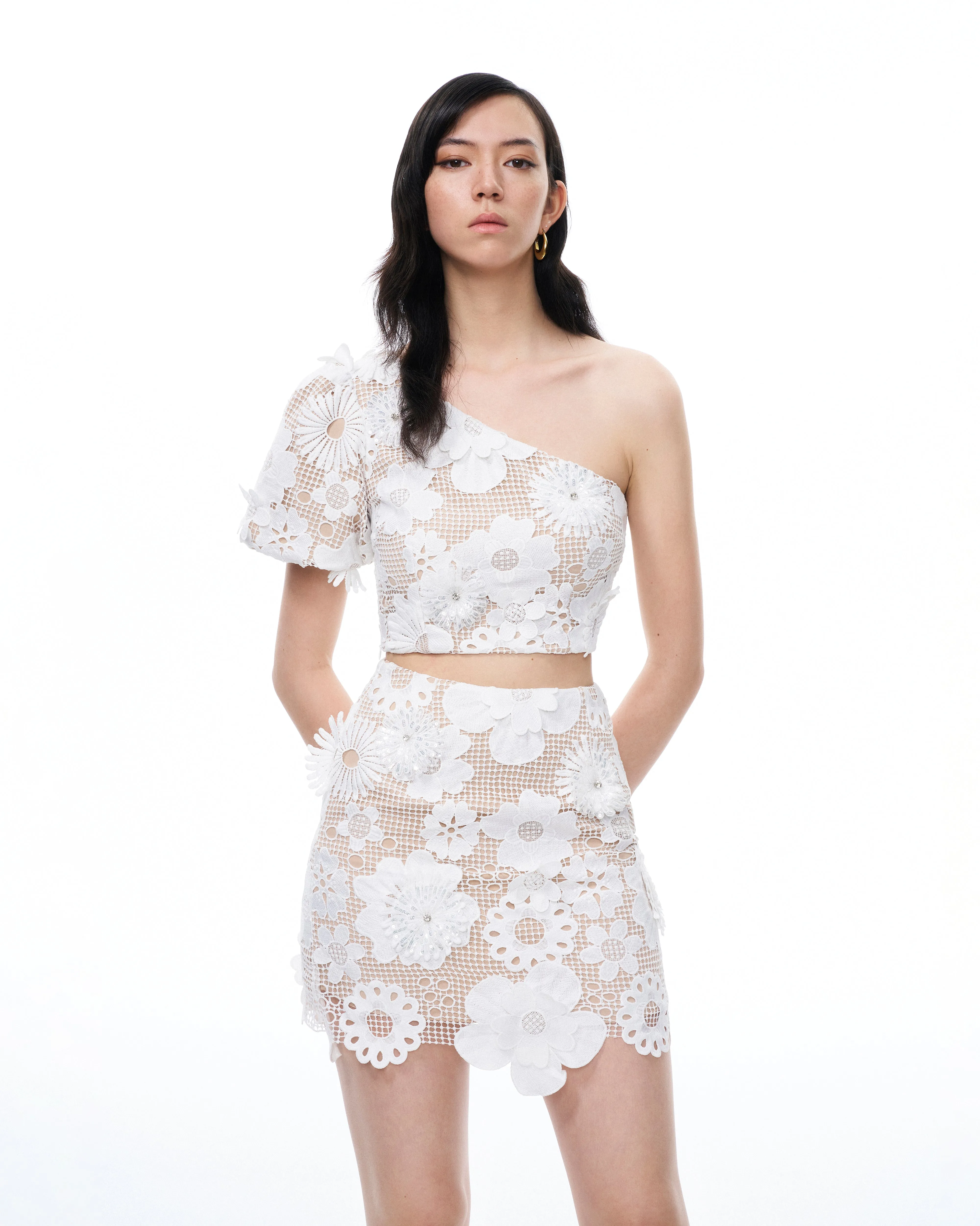 Ophelia One-shoulder Embroidered Iace Dress Suit - White sold by JW PEI product image thumbnail 4