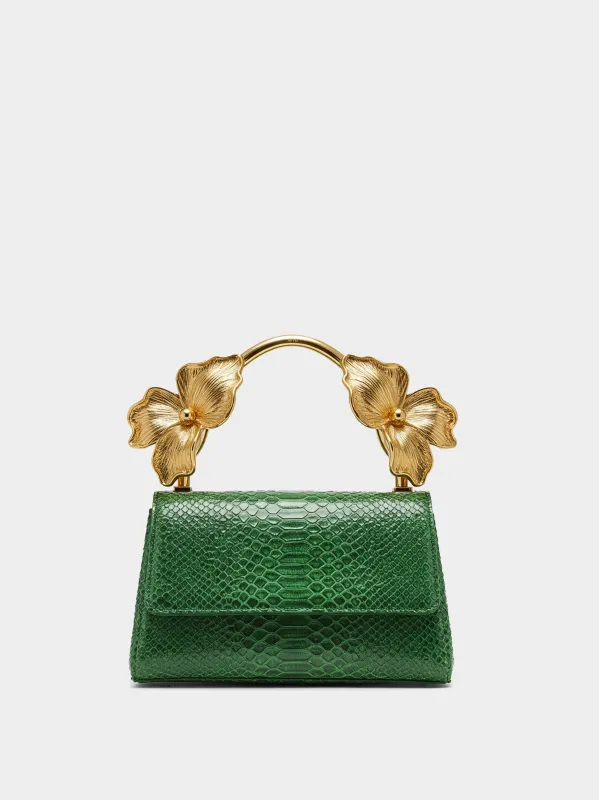 Valentina Snake Skin Handbag with Gold Flower Handle - Green sold by JW PEI
