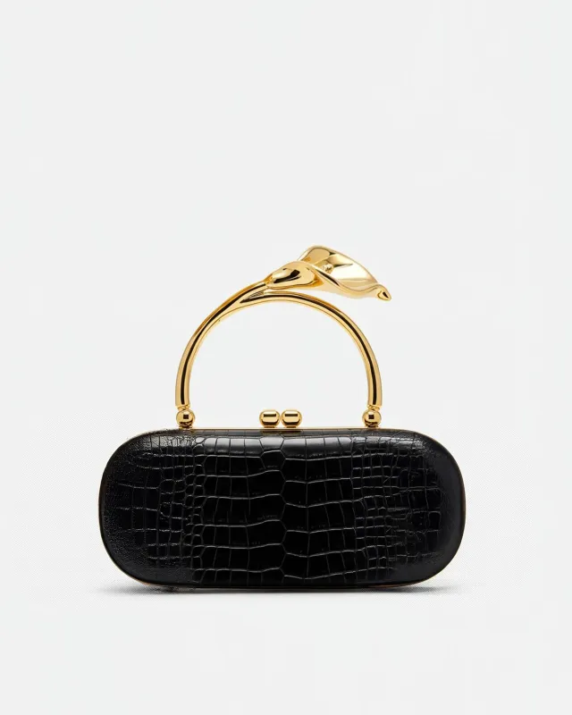 Isla Crocodile Embossed Clutch with Gold Handle - Black sold by JW PEI