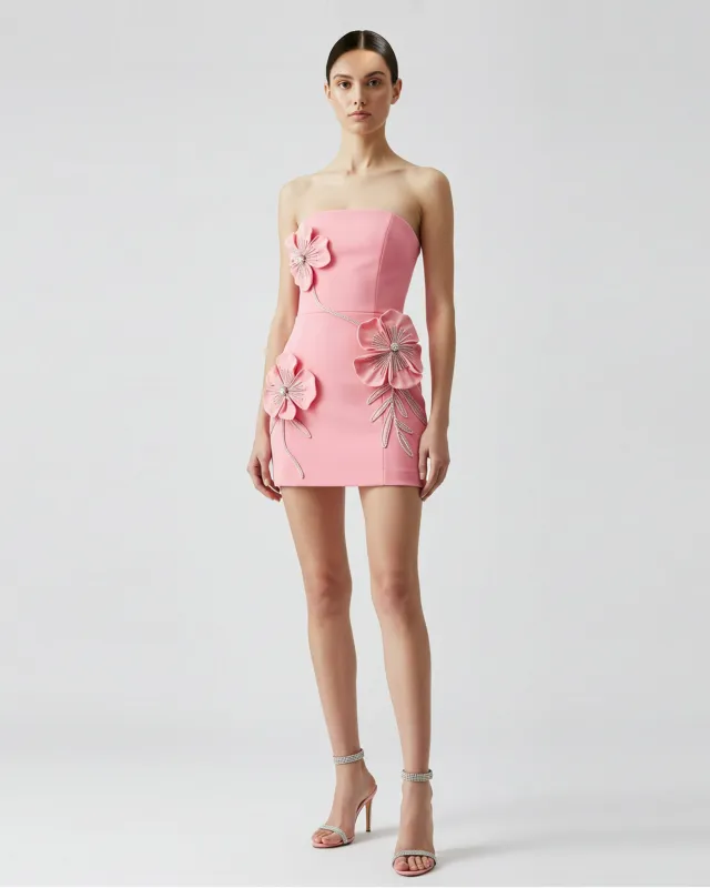 3D Floral Appliqué Strapless Mini Dress - Pink sold by JW PEI