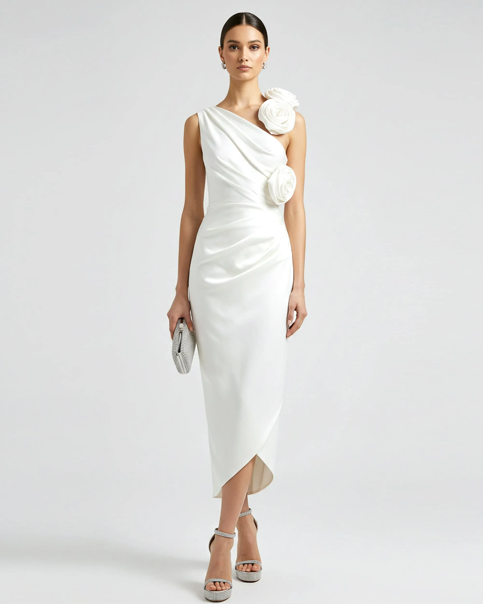 Rosette Draped One Shoulder Midi Dress - Ivory sold by JW PEI