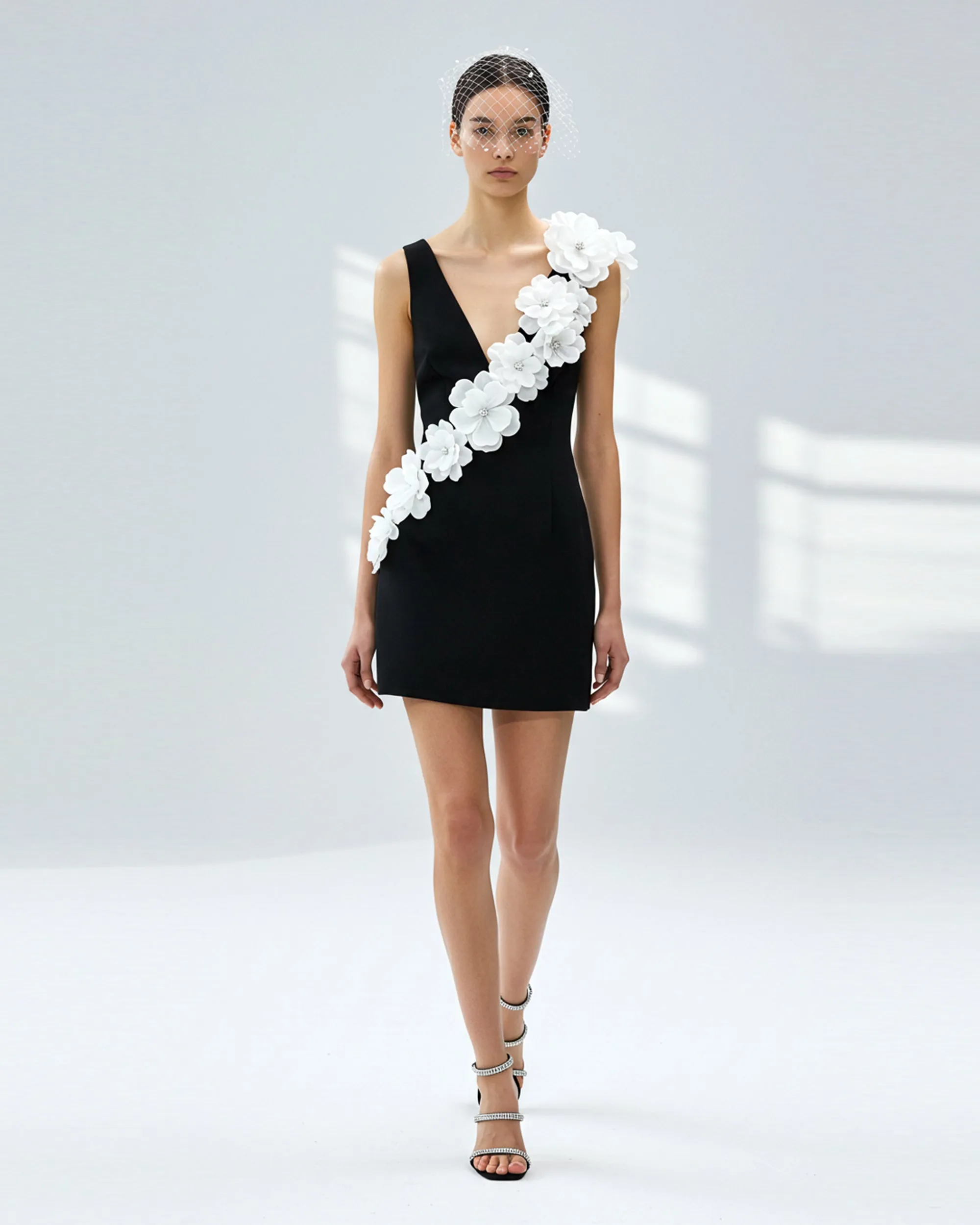 3D Floral Appliqué V-Neck Mini Dress - Black/White sold by JW PEI