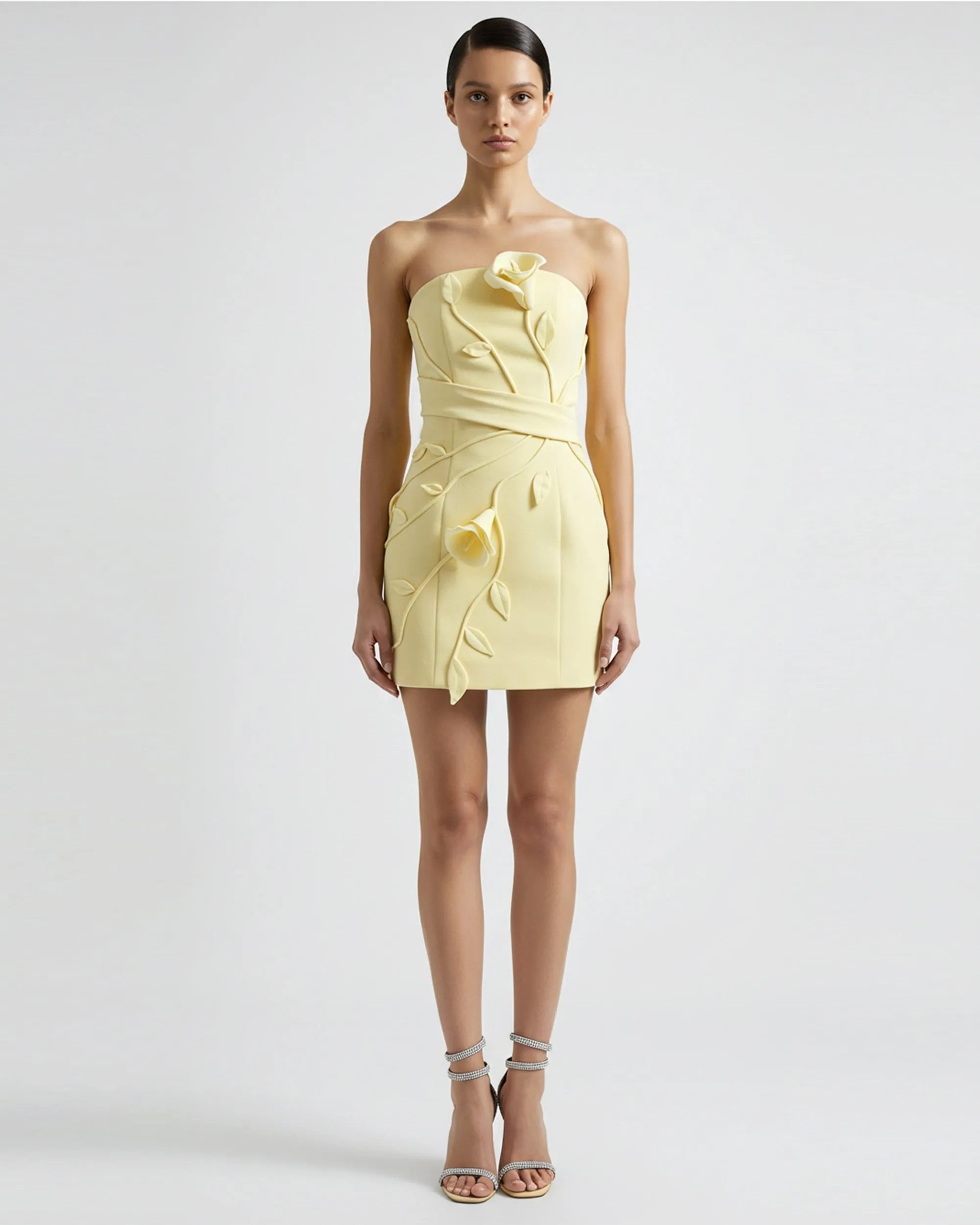 3D Floral Appliqué Strapless Mini Dress - Yellow sold by JW PEI