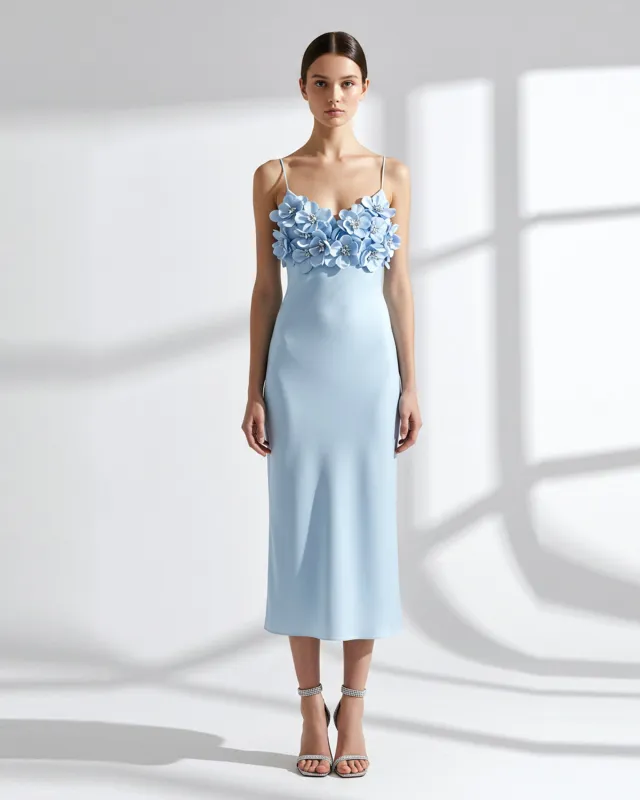 3D Floral Appliqué Spaghetti Strap Midi Dress - Blue sold by JW PEI