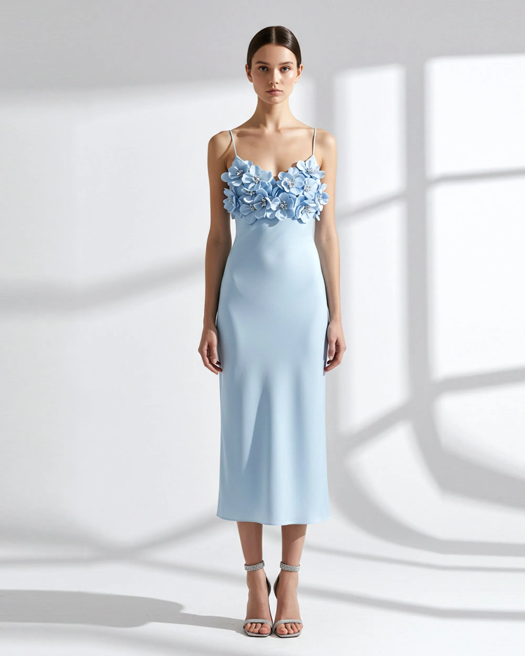 3D Floral Appliqué Spaghetti Strap Midi Dress - Blue sold by JW PEI