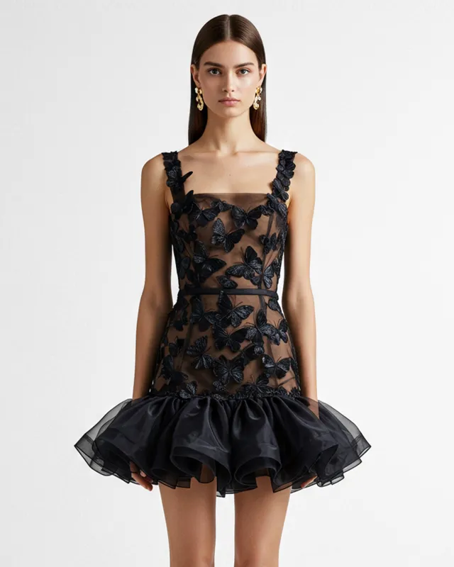 Butterfly Appliqué Ruffle Mini Dress - Black sold by JW PEI