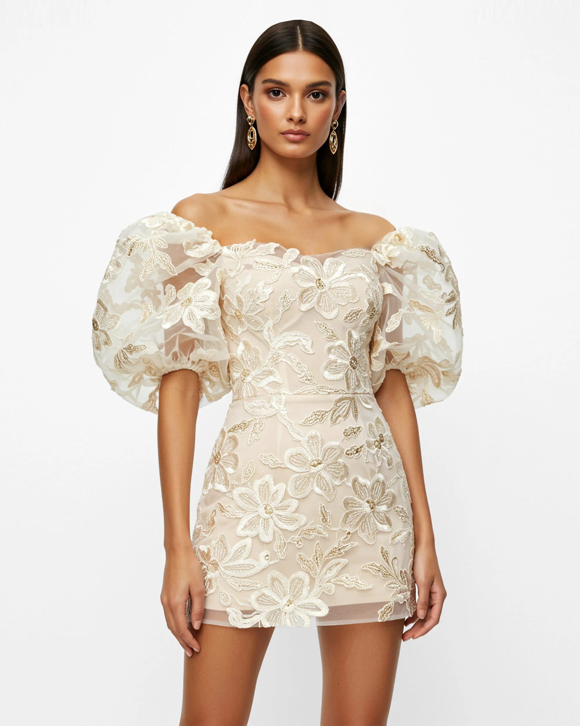 Puff Sleeve Floral Embroidered Mini Dress - Ivory/Gold sold by JW PEI