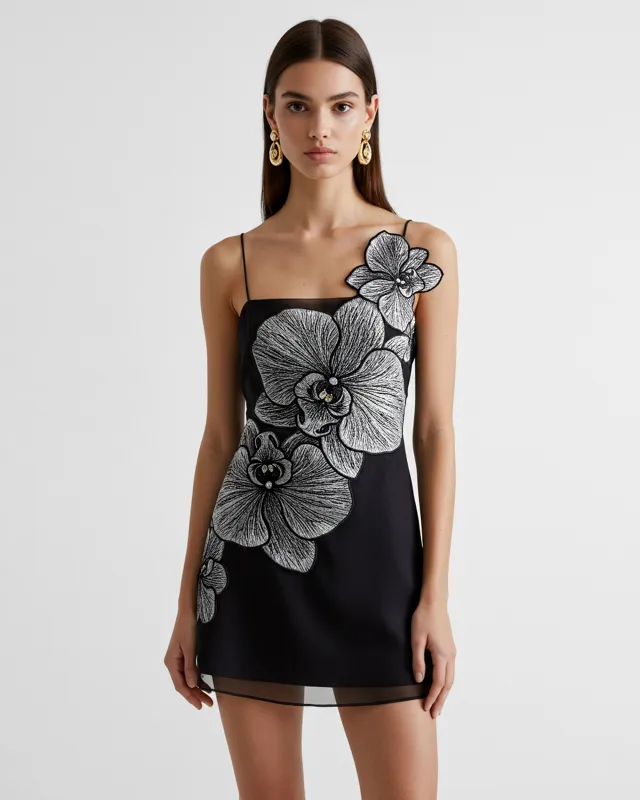 Orchid Appliqué Mini Dress - Black/Silver sold by JW PEI