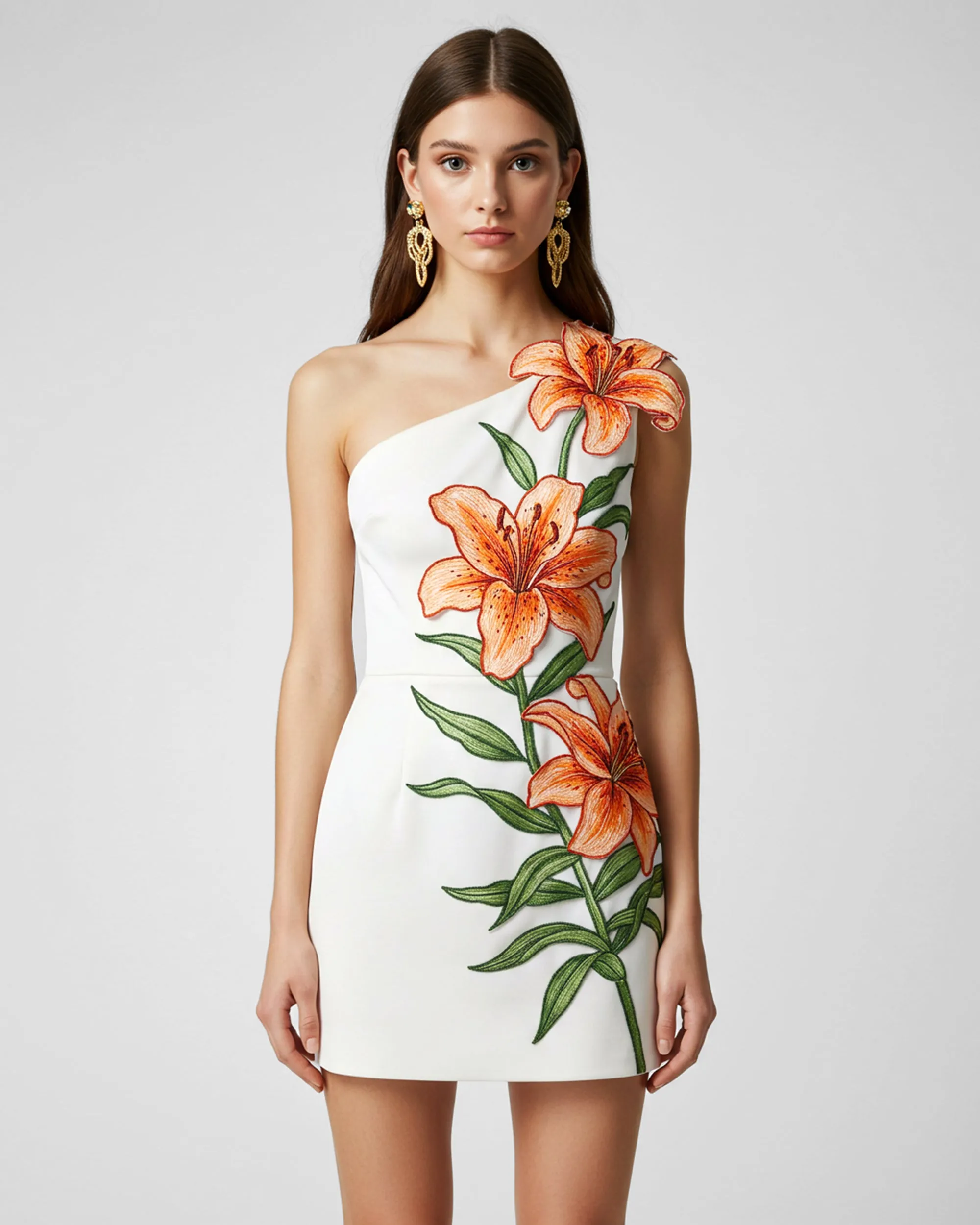 Lily Embroidered One Shoulder Mini Dress - White/Orange sold by JW PEI