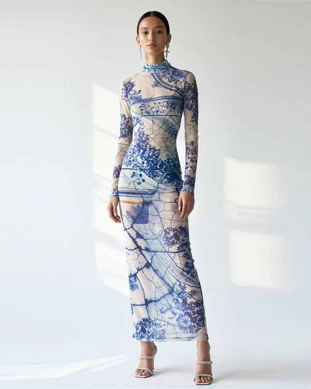 Porcelain Floral Mesh Maxi Dress - Multicolor sold by JW PEI