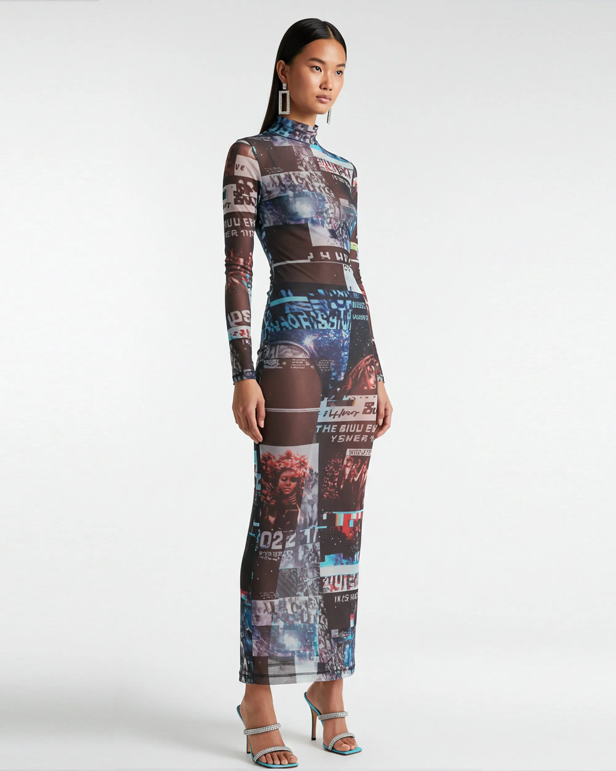 Newspaper Print Mesh Maxi Dress - Multicolor sold by JW PEI