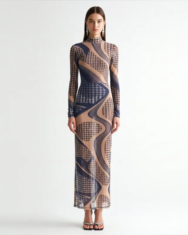 Geometric Houndstooth Mesh Maxi Dress - Multicolor sold by JW PEI
