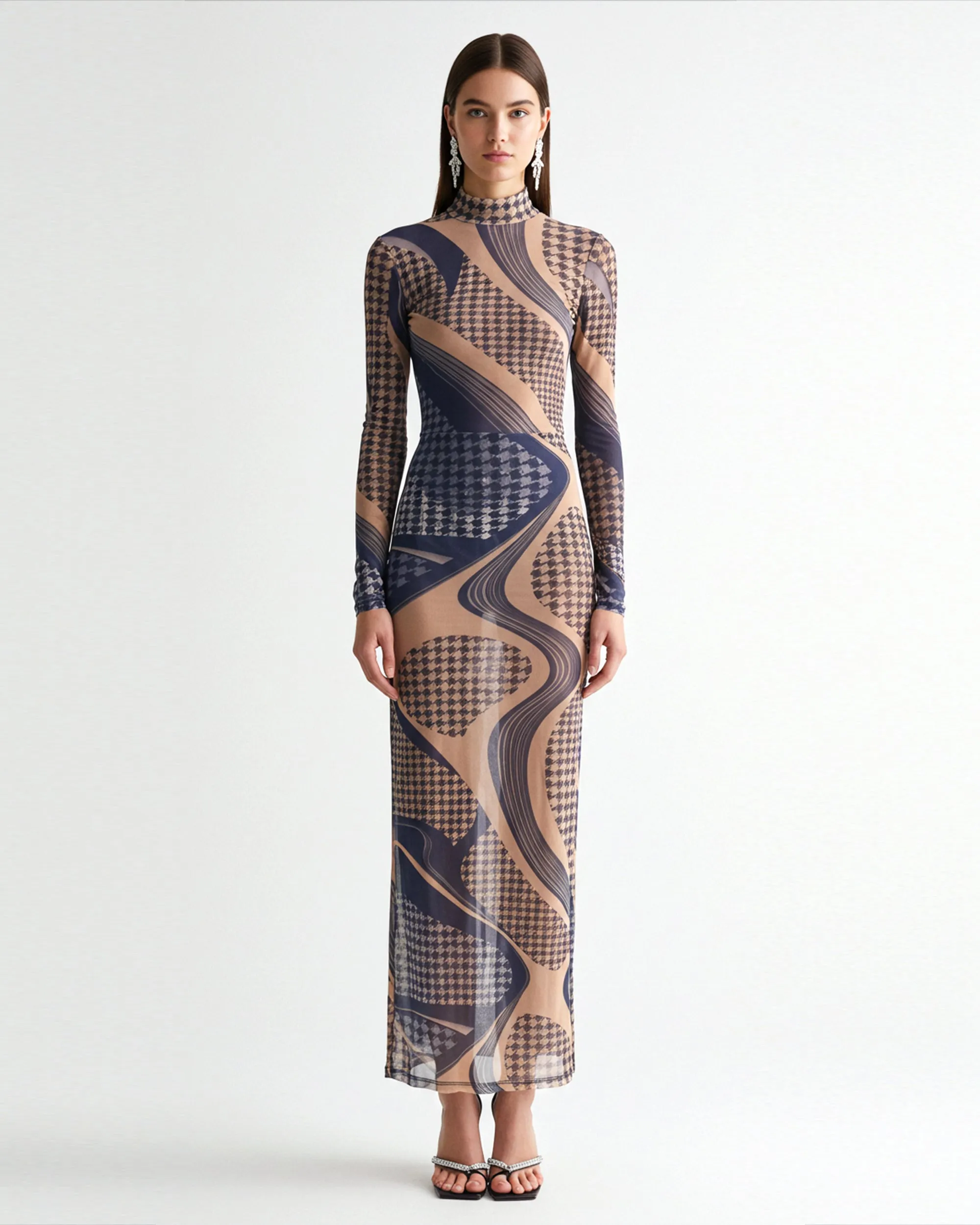 Geometric Houndstooth Mesh Maxi Dress - Multicolor sold by JW PEI