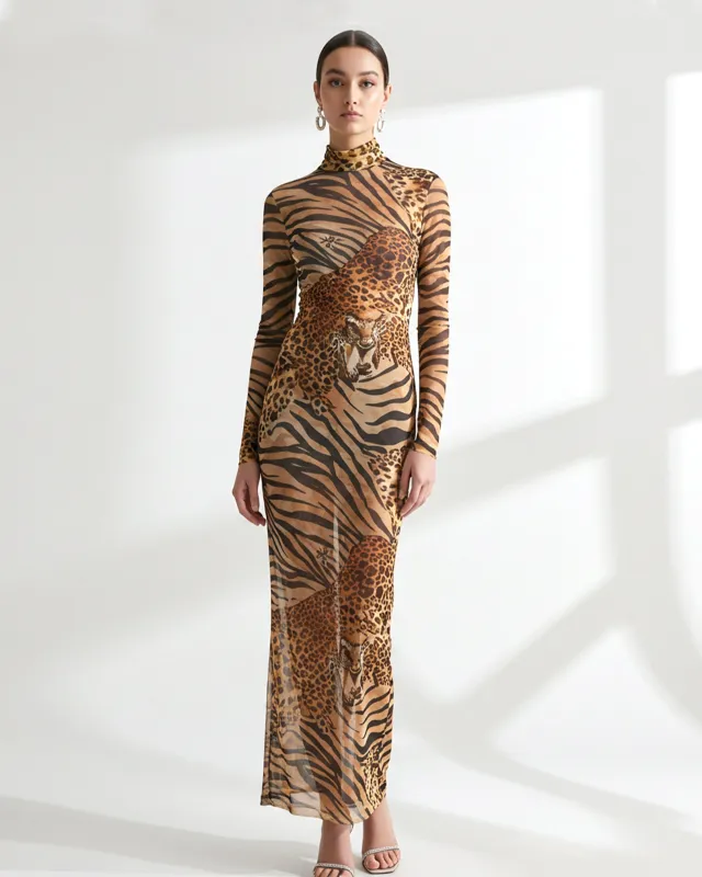 Leopard Print Mesh Maxi Dress - Multicolor sold by JW PEI