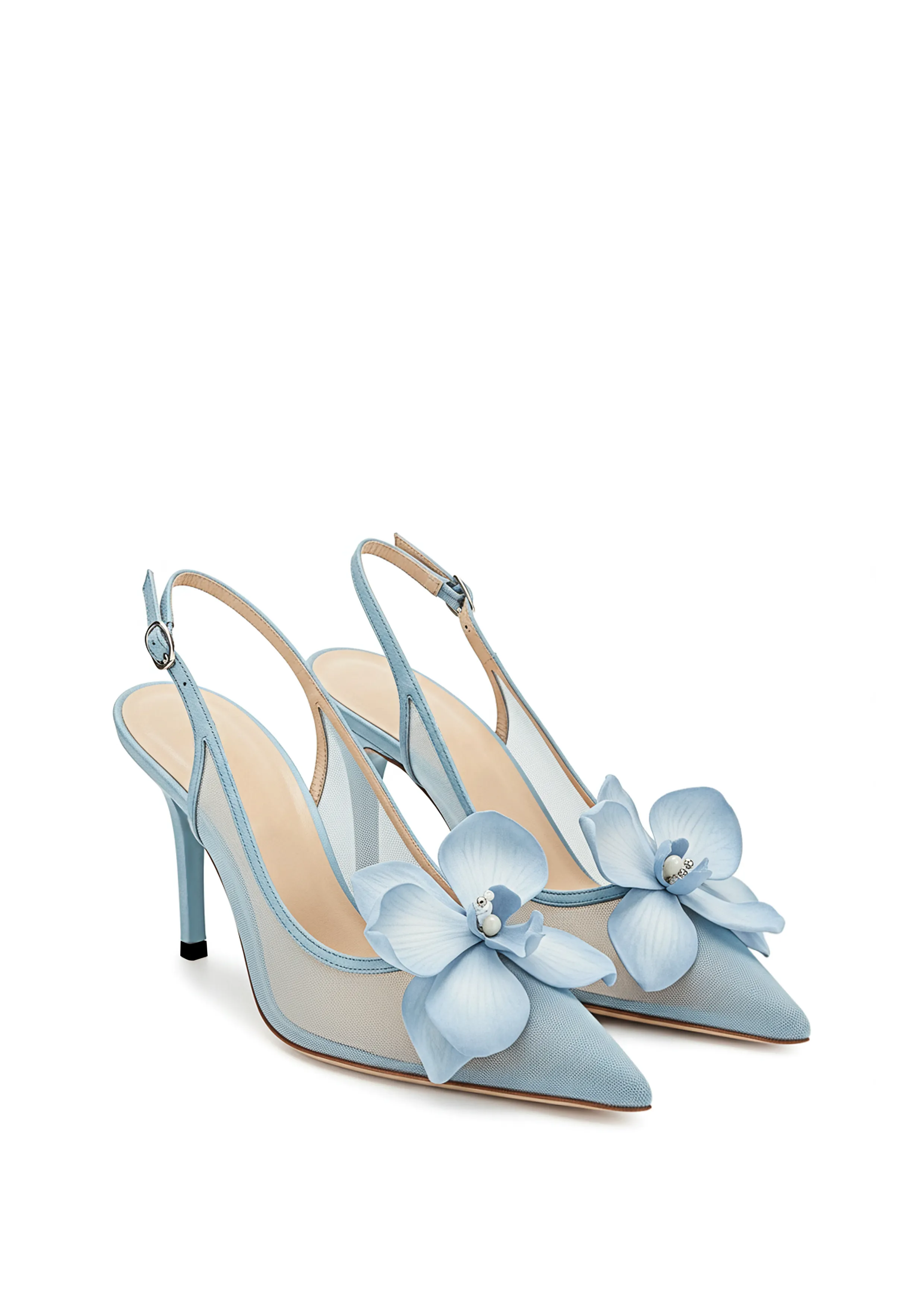 Eloise Strappy Heels with Flower Embellishment - Light Blue sold by JW PEI