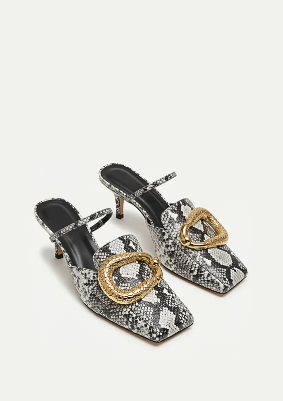 Jade Snake Print Mules with Gold Ring - Grey sold by JW PEI