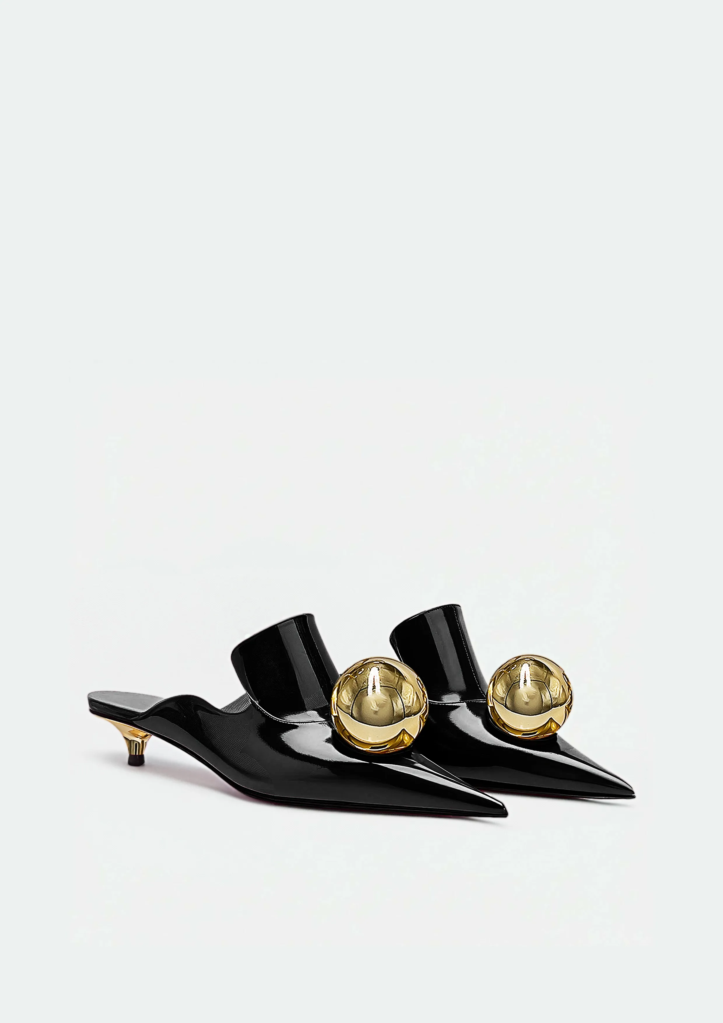 Isabella Glossy Mules with Gold Spheres - Black sold by JW PEI