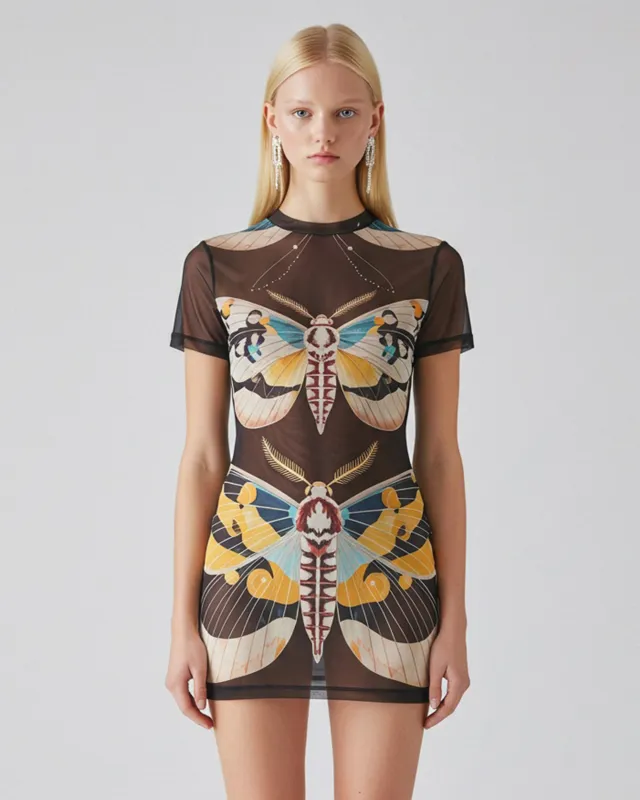 Butterfly Printed Mesh Dress - Brown sold by JW PEI