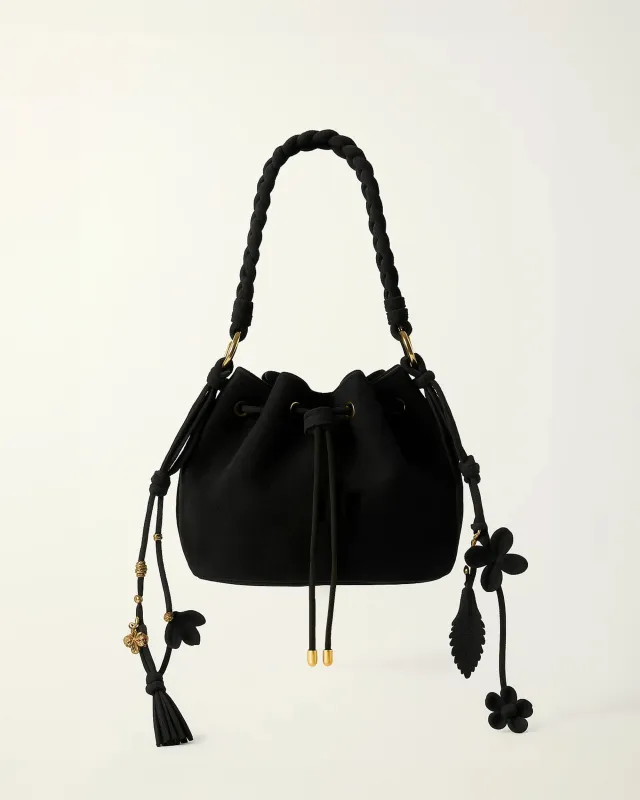 Daisy Embellished Suede Bucket Bag - Black sold by JW PEI