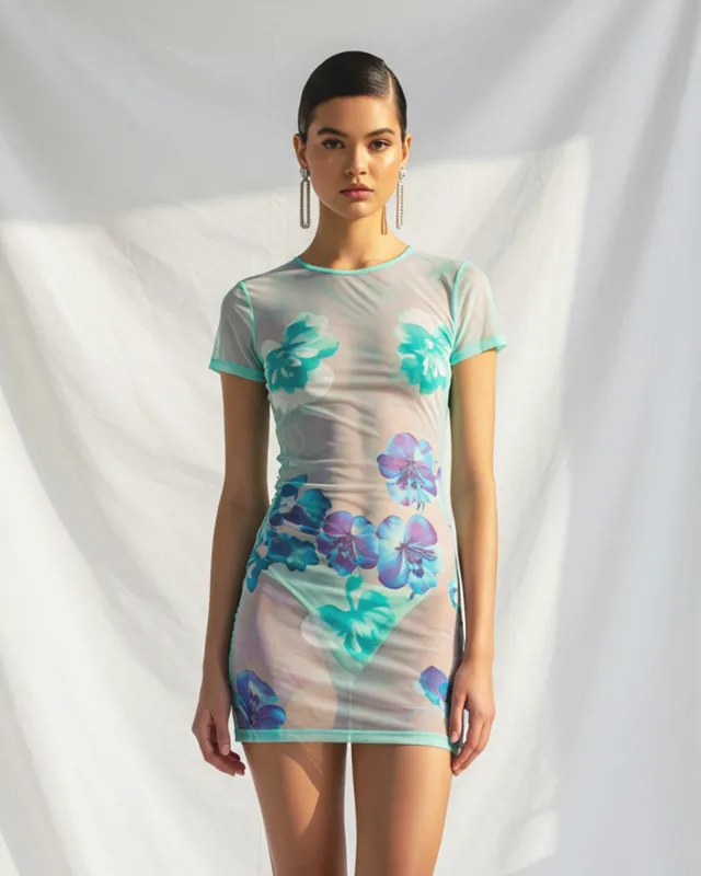 Hydrangea Printed Mesh Dress - Light Blue sold by JW PEI