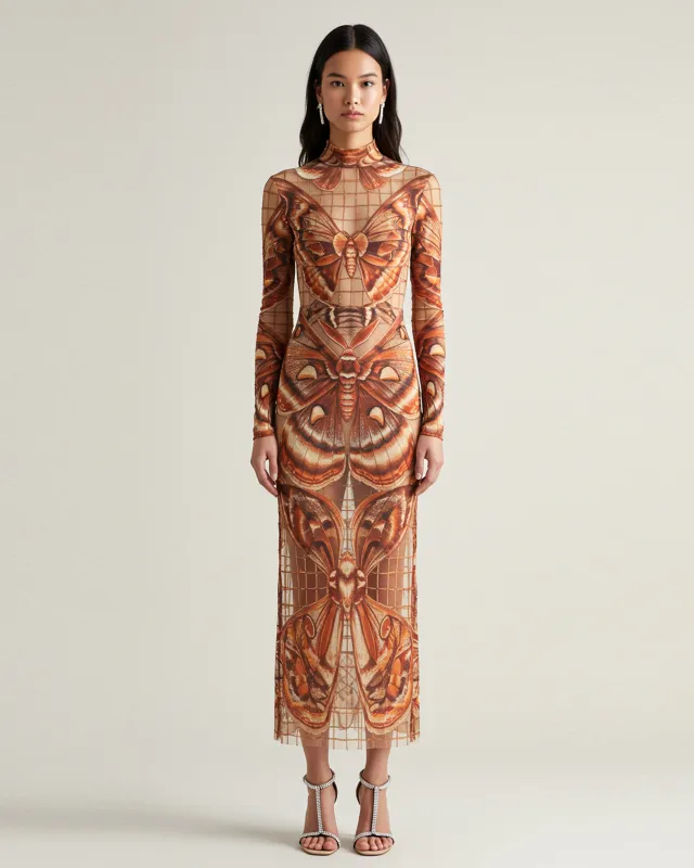 Butterfly Printed Mesh Dress - Brown sold by JW PEI