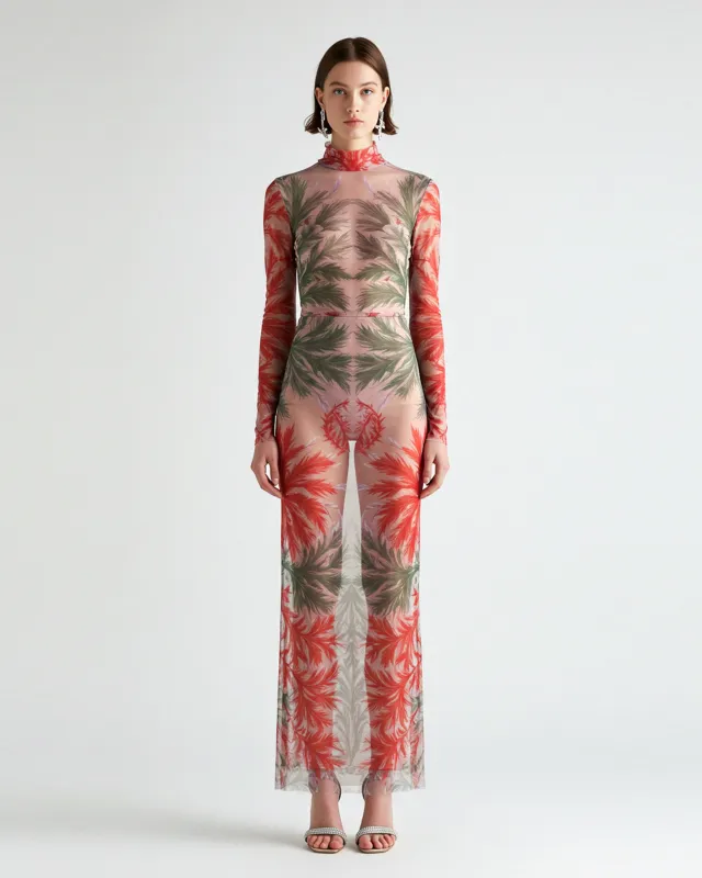 Floral Printed Mesh Dress - Red/Green made by JW PEI