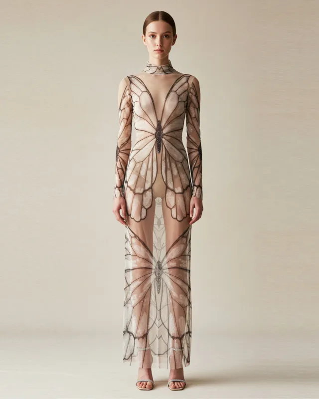 Butterfly Printed Mesh Dress - Brown sold by JW PEI