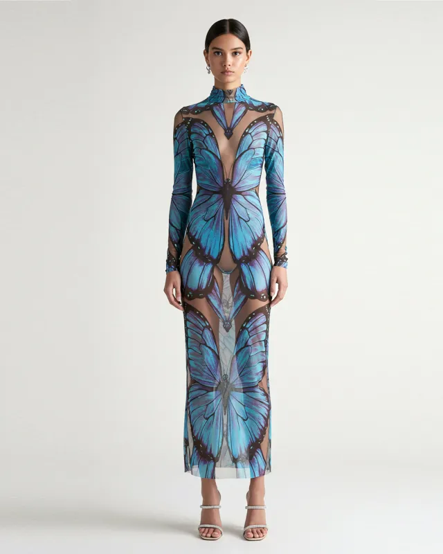 Butterfly Printed Mesh Dress - Blue sold by JW PEI