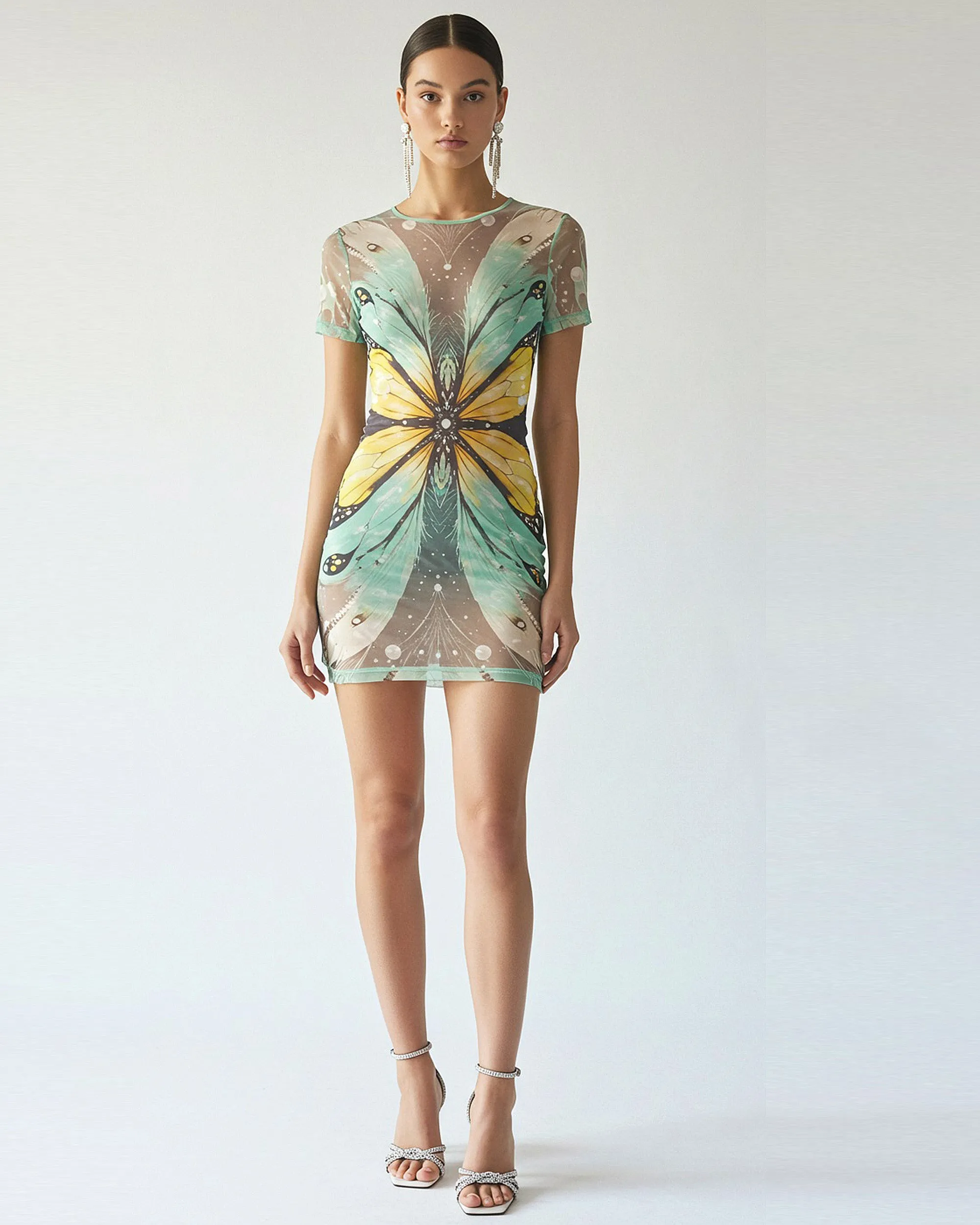 Butterfly Printed Mesh Dress - Yellow/Green sold by JW PEI