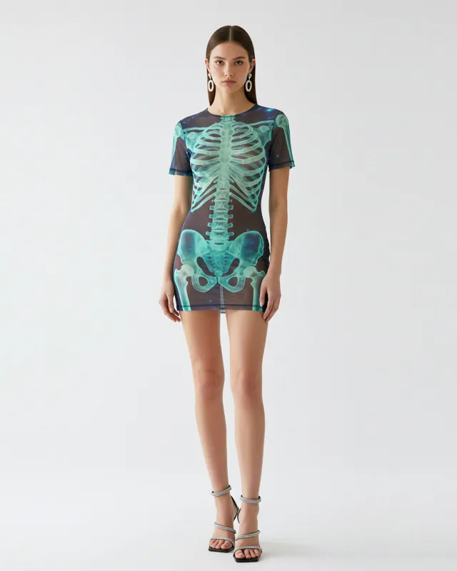 Skeleton Printed Mesh Dress - Blue/Black sold by JW PEI