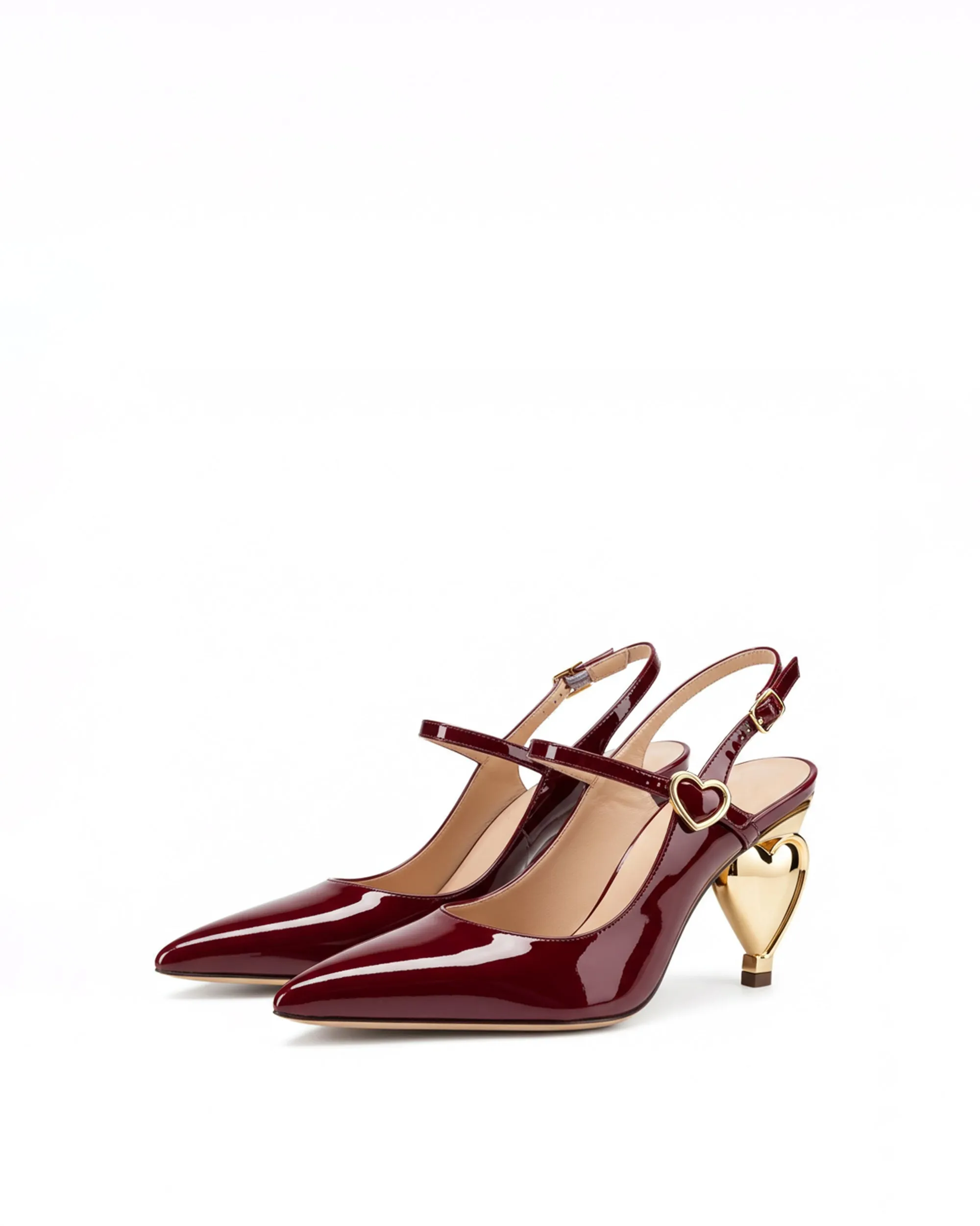 Nevaeh Glossy Strappy Heels with Heart Heel - Burgundy sold by JW PEI