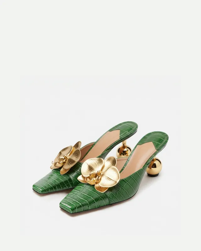 Violet Crocodile Print Mules with Orchid Heel - Green sold by JW PEI