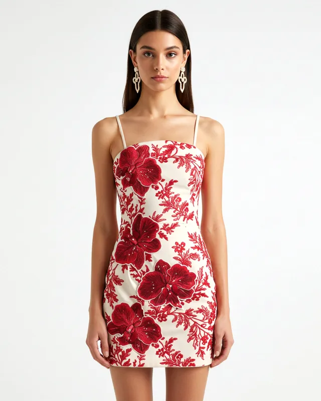 Orchid Embroidered Mini Dress - White/Red sold by JW PEI