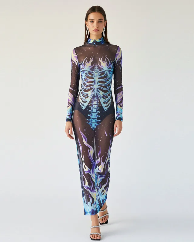 Skeletal Flames Short Sleeve Dress - Blue sold by JW PEI