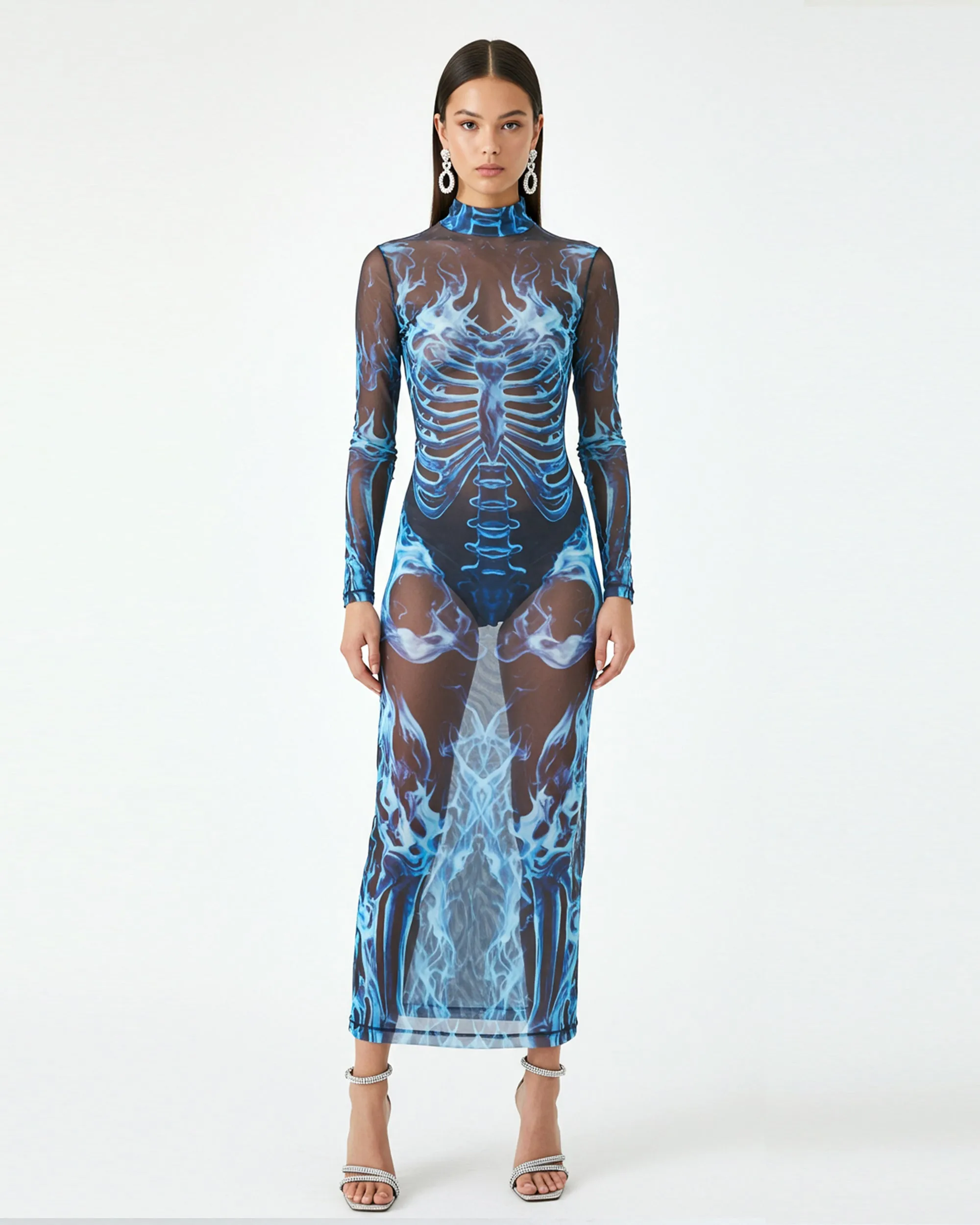 Skeletal Flames Long Sleeve Dress - Blue sold by JW PEI