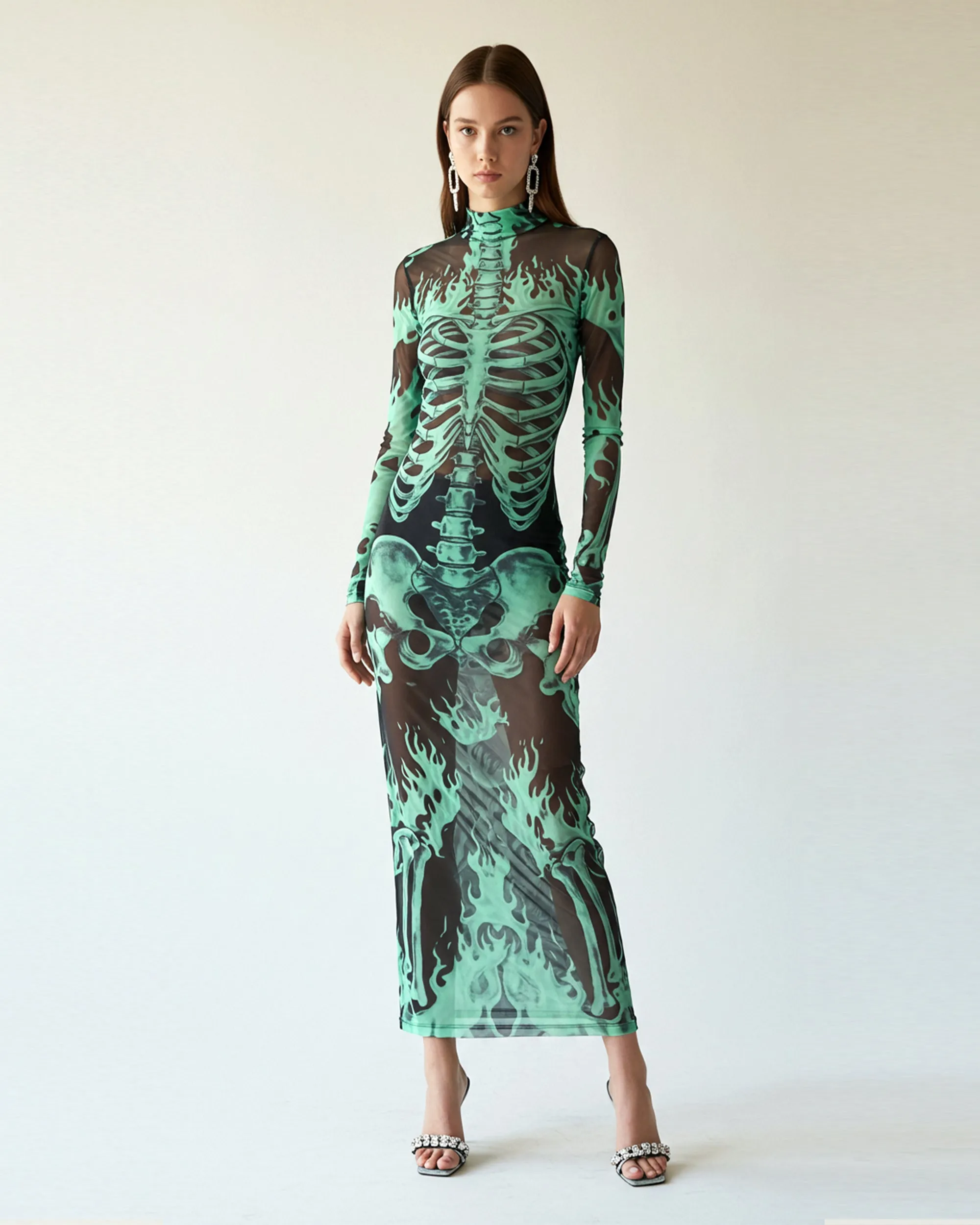Skeletal Flames Long Sleeve Dress - Green sold by JW PEI