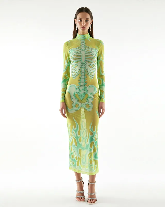 Skeletal Flames Long Sleeve Dress - Yellow sold by JW PEI