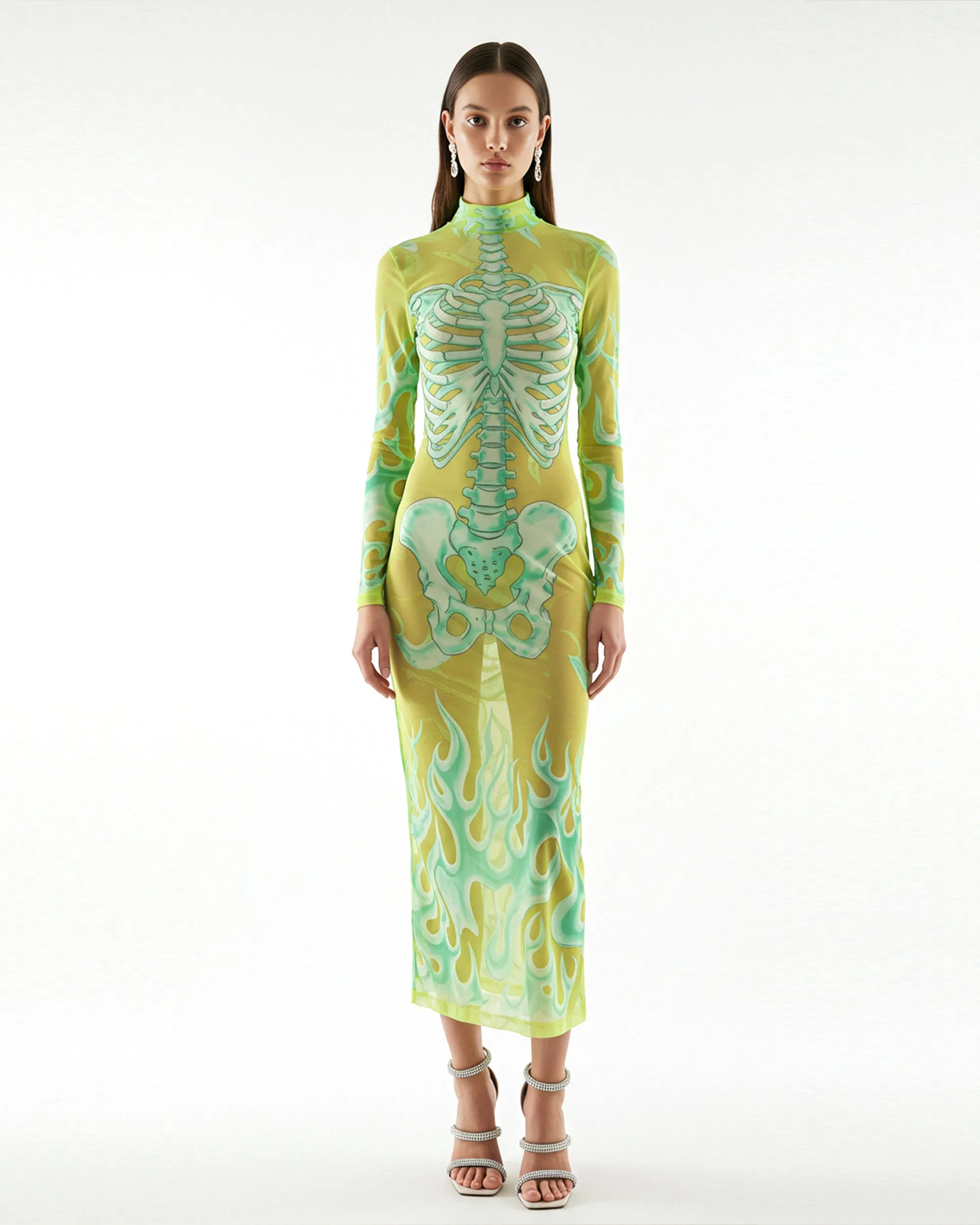 Skeletal Flames Long Sleeve Dress - Yellow sold by JW PEI