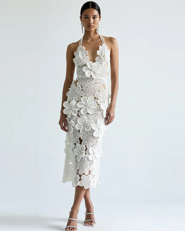 Floral Embellished Evening Gown - White sold by JW PEI
