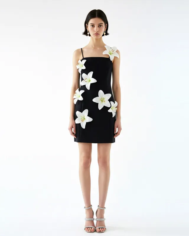 Mini Dress with White Lily Appliqués - Black sold by JW PEI