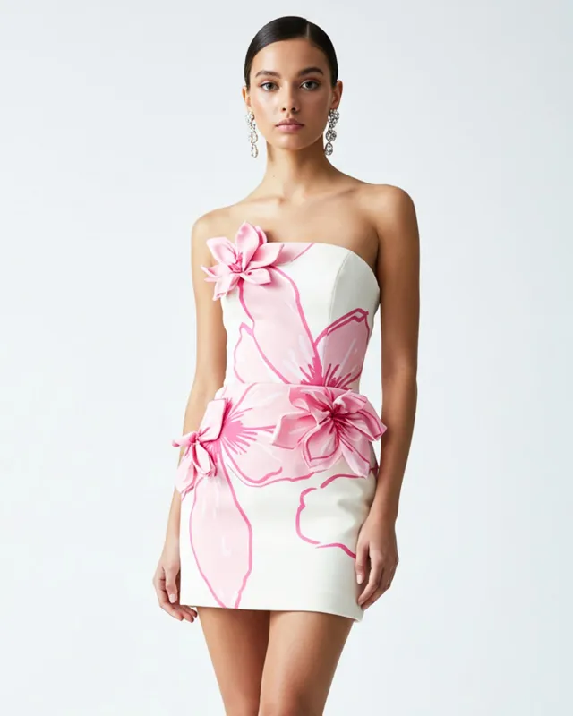Mini Dress with Pink Floral Appliqués - White/Pink sold by JW PEI